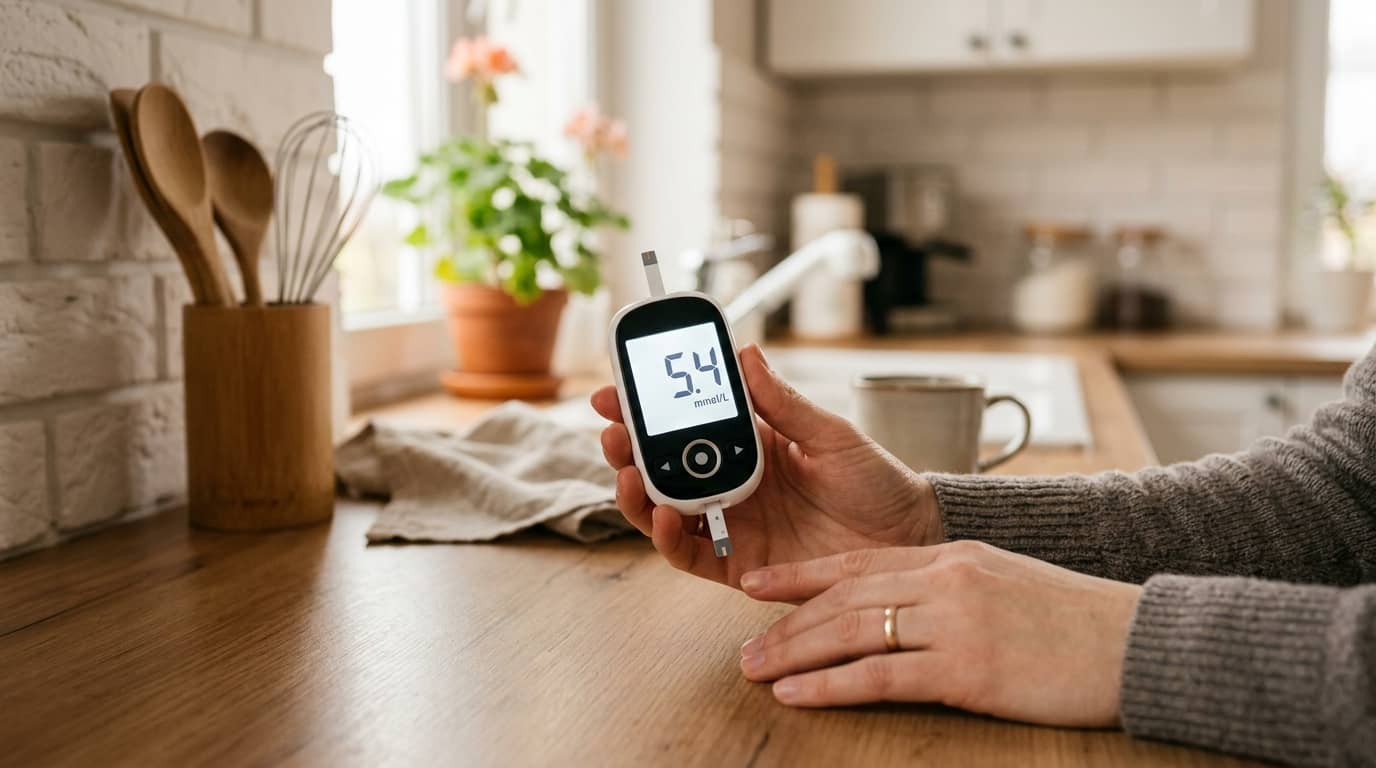 Hiperglikemia – kobieta mierząca stężenie glukozy glukometrem w domu