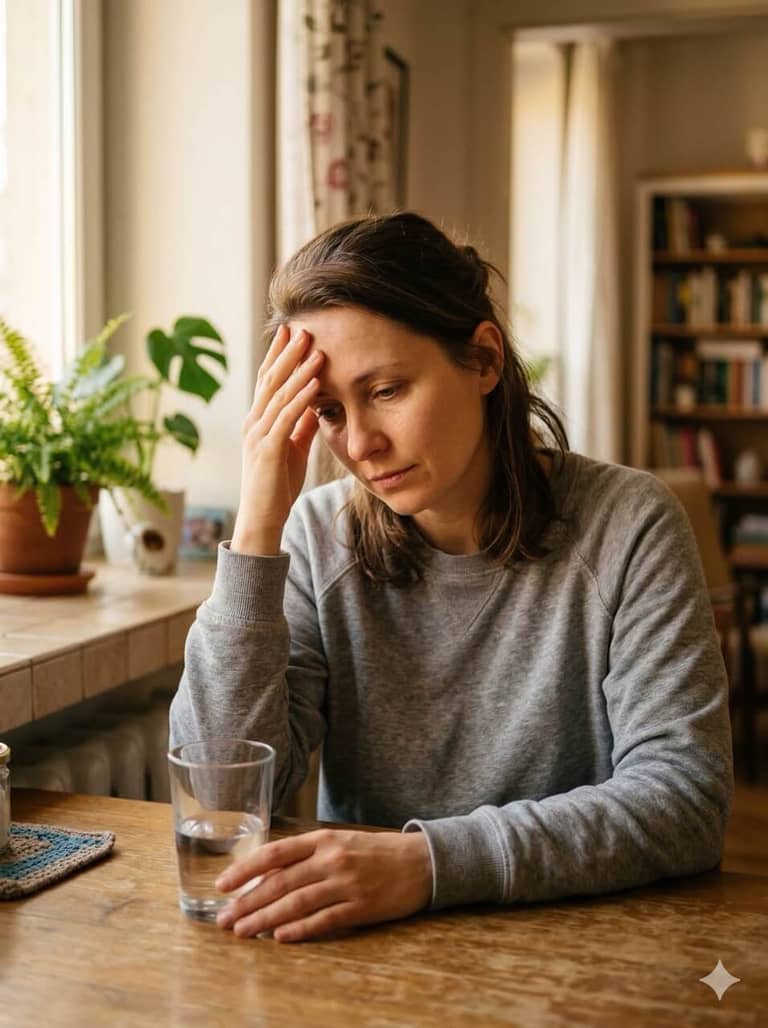 Zmęczona kobieta przy stole — szuka odpowiedzi na objawy