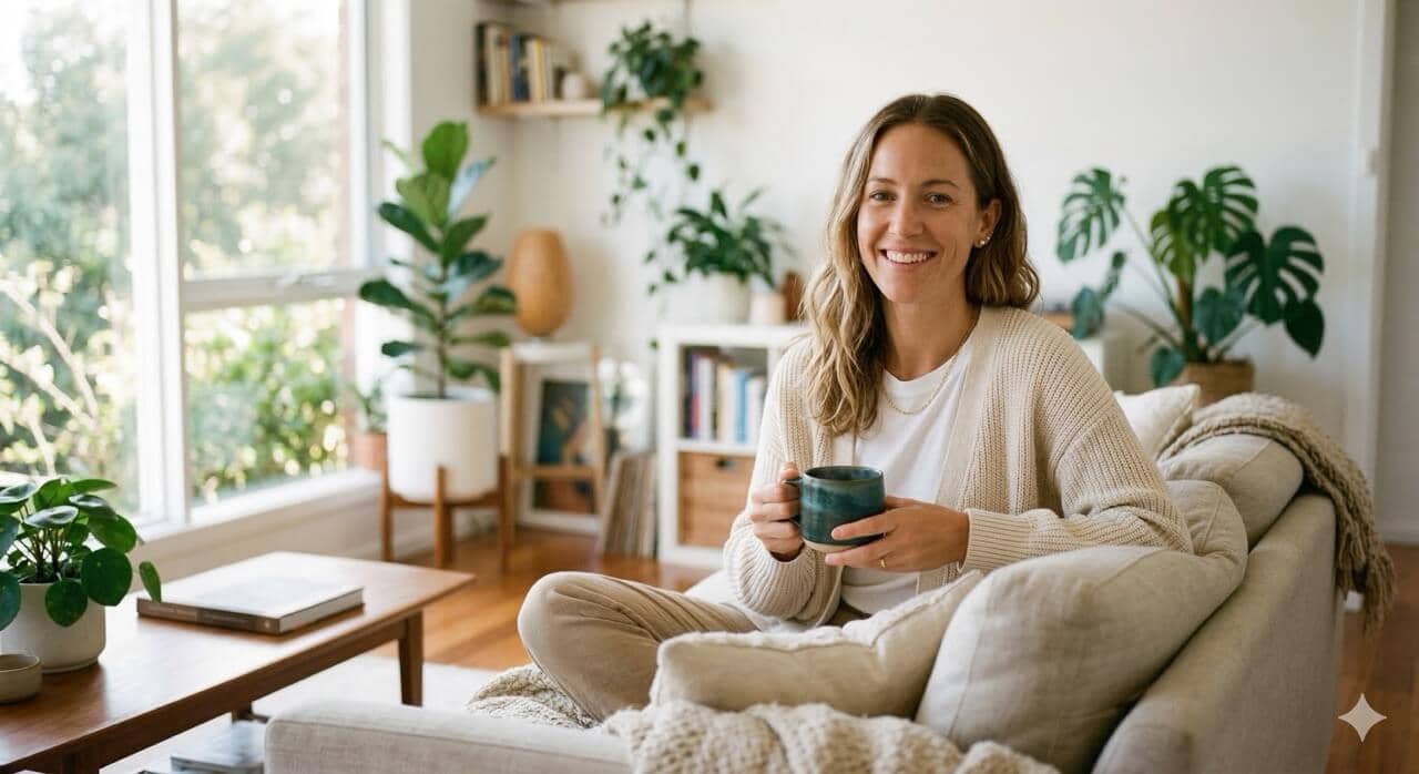 Uśmiechnięta kobieta relaksuje się w domu — badania krwi bez wychodzenia