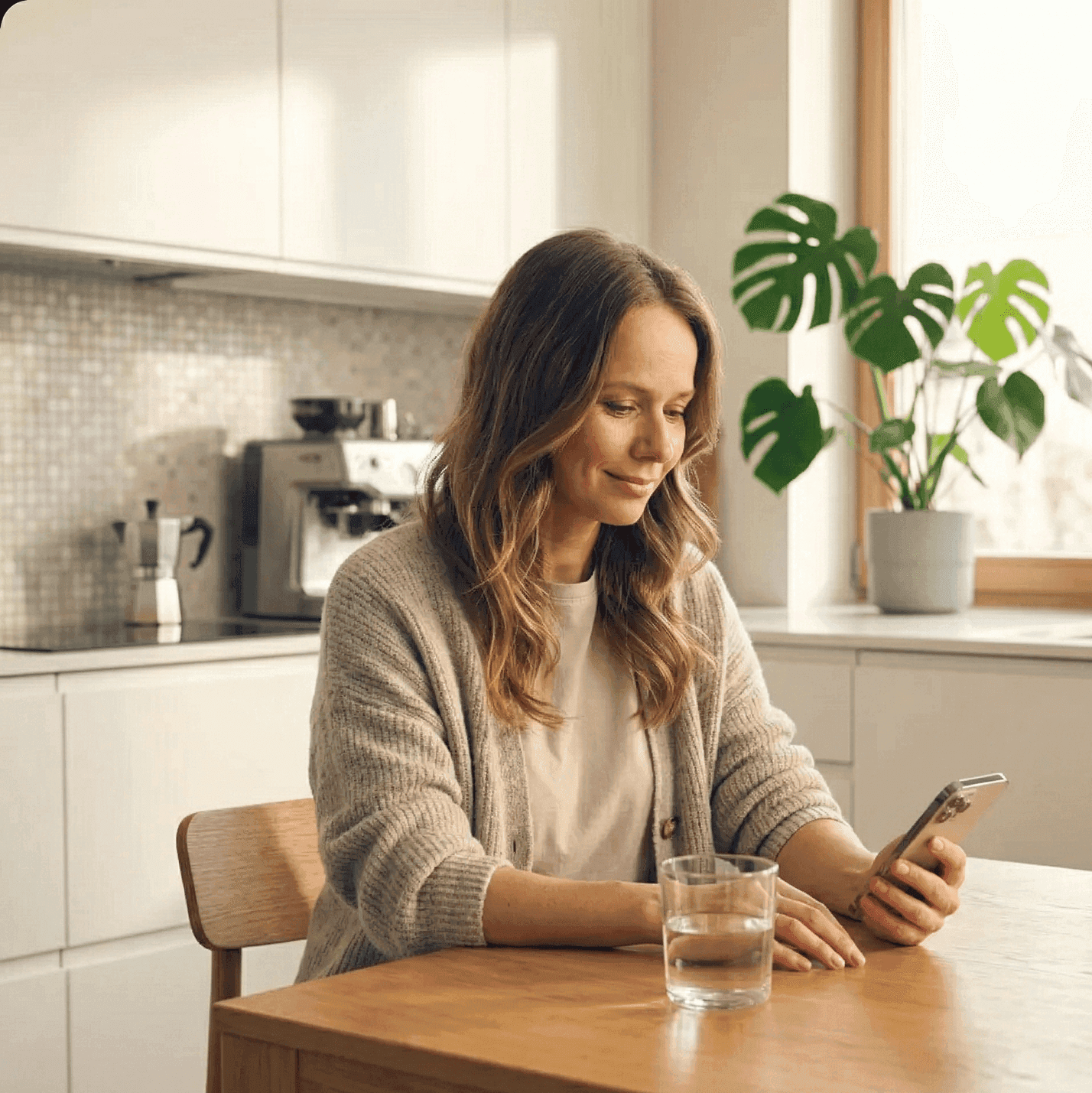 Kobieta przegląda wyniki badań na telefonie po wizycie domowej — przygotowanie do ciąży