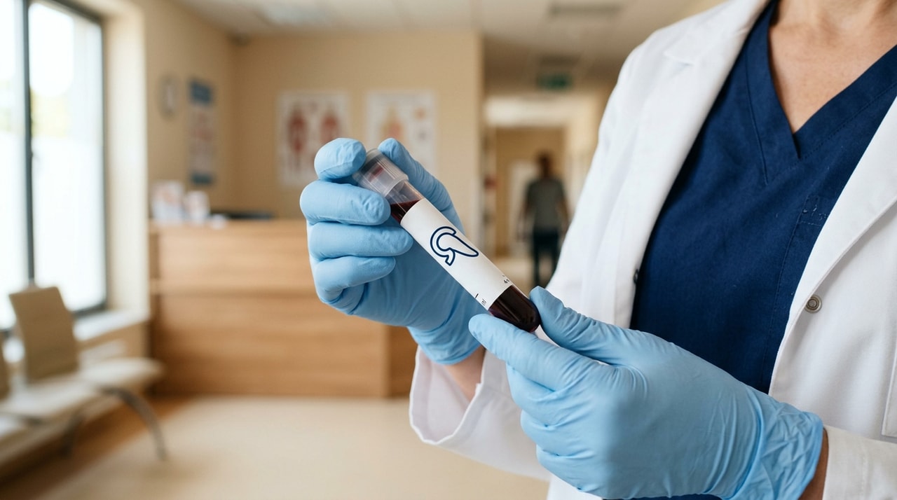 ** Badania krwi na trzustkę – probówki i wyniki laboratoryjne w gabinecie lekarskim