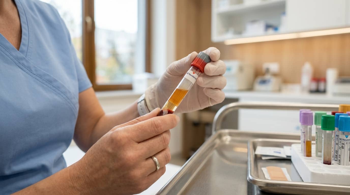 Albumina – badanie stężenia białka we krwi i moczu – próbówka z surowicą krwi w dłoniach specjalisty laboratoryjnego