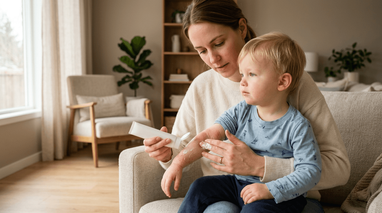AZS u dzieci – mama nakłada emolient na suchą skórę dziecka
