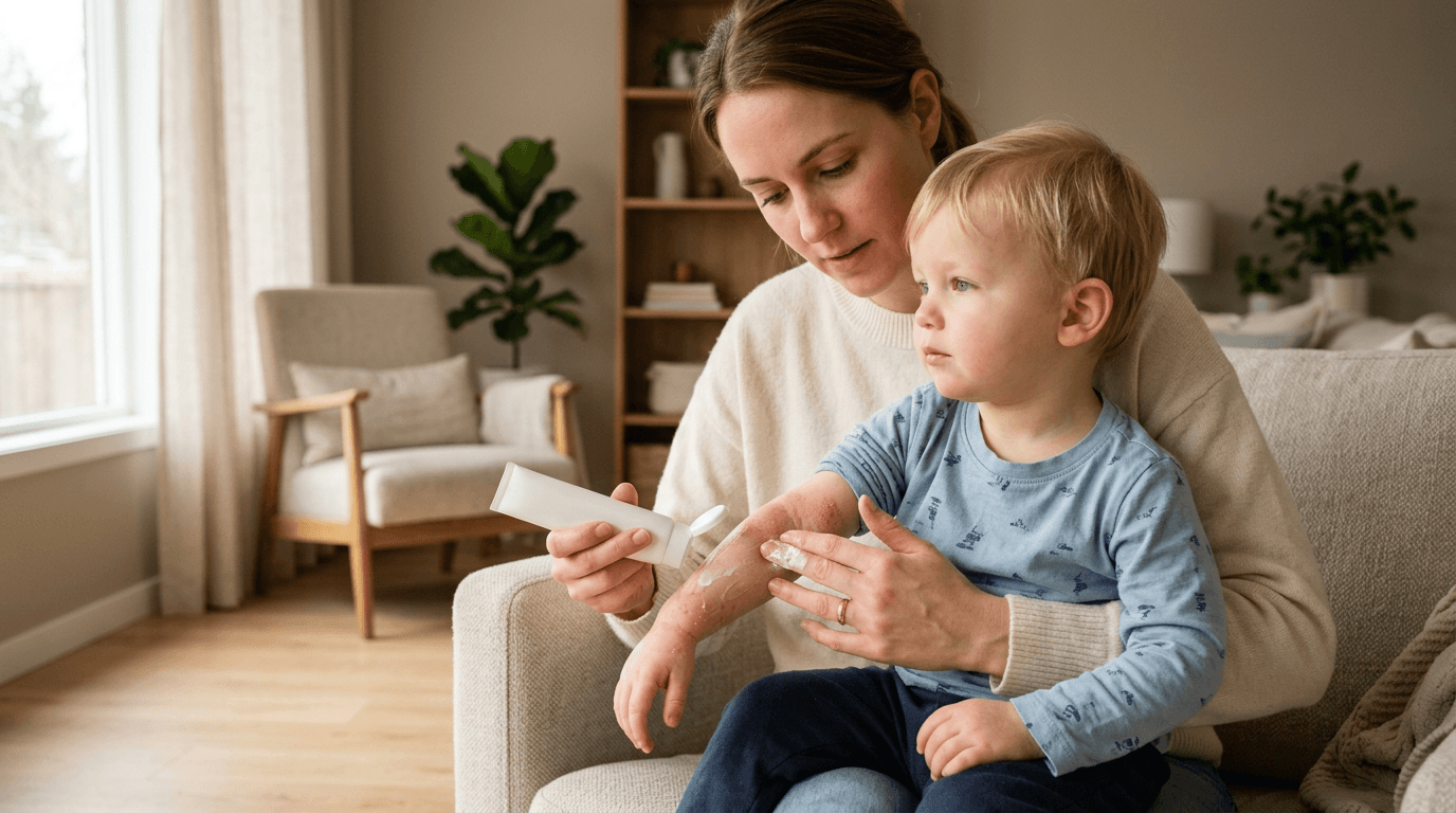 AZS u dzieci – mama nakłada emolient na suchą skórę dziecka