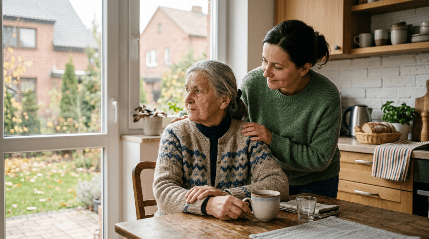 Choroba Alzheimera – starsza kobieta z córką w domowym otoczeniu