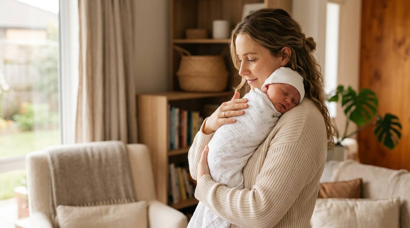 Czkawka u noworodka – mama trzyma niemowlę w pozycji pionowej i poklepuje po pleckach