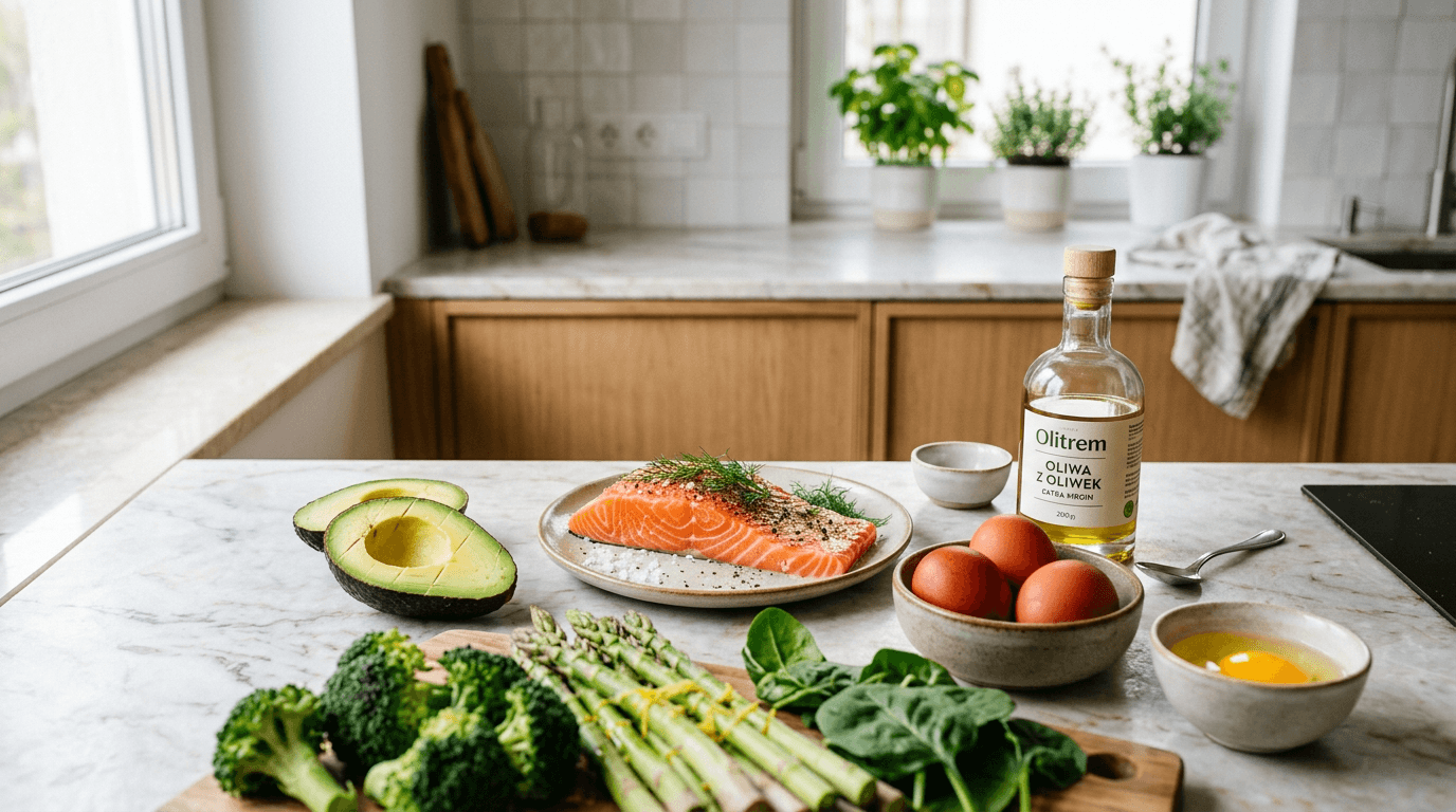 Dieta keto – zdrowe produkty ketogeniczne na blacie kuchennym