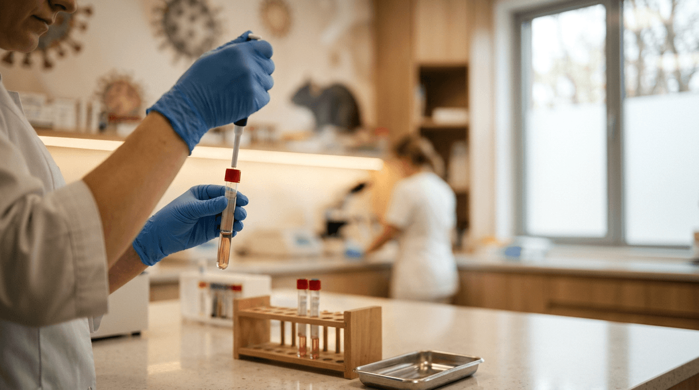 Hantawirus – symboliczne ujęcie laboranta z probówką na tle gryzonia