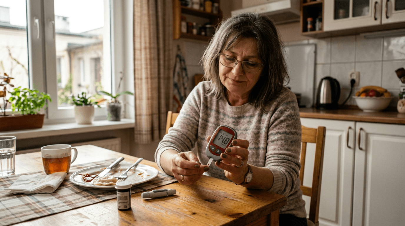 ** `Hipoglikemia reaktywna — kobieta mierząca glikemię po posiłku`