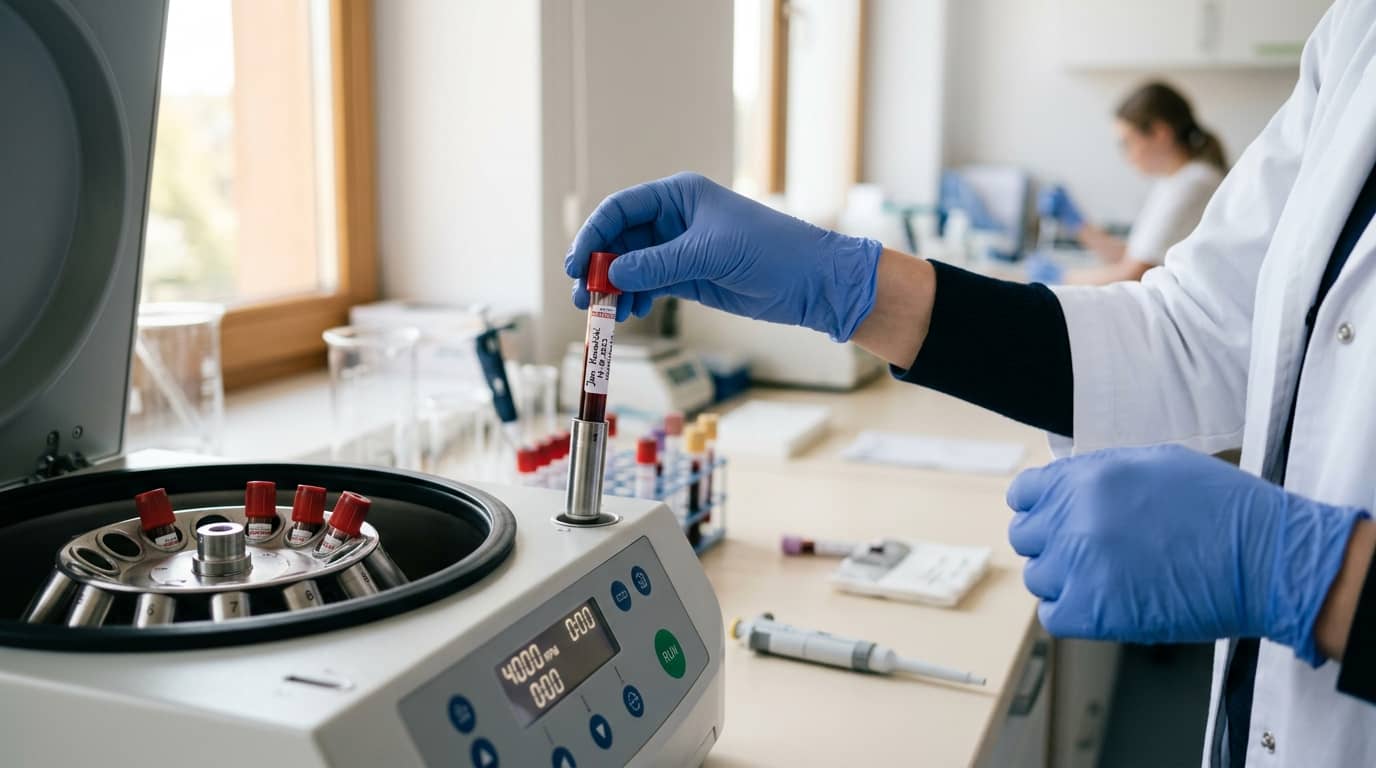 Kortyzol – badanie krwi w laboratorium, probówka w wirówce