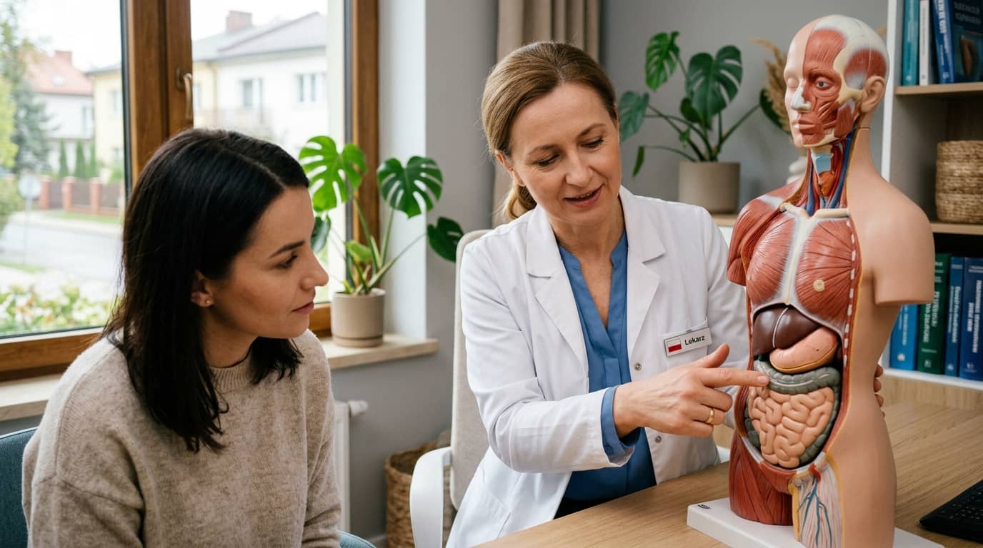 ** Objawy chorej trzustki – lekarz wskazuje okolicę nadbrzusza na modelu anatomicznym