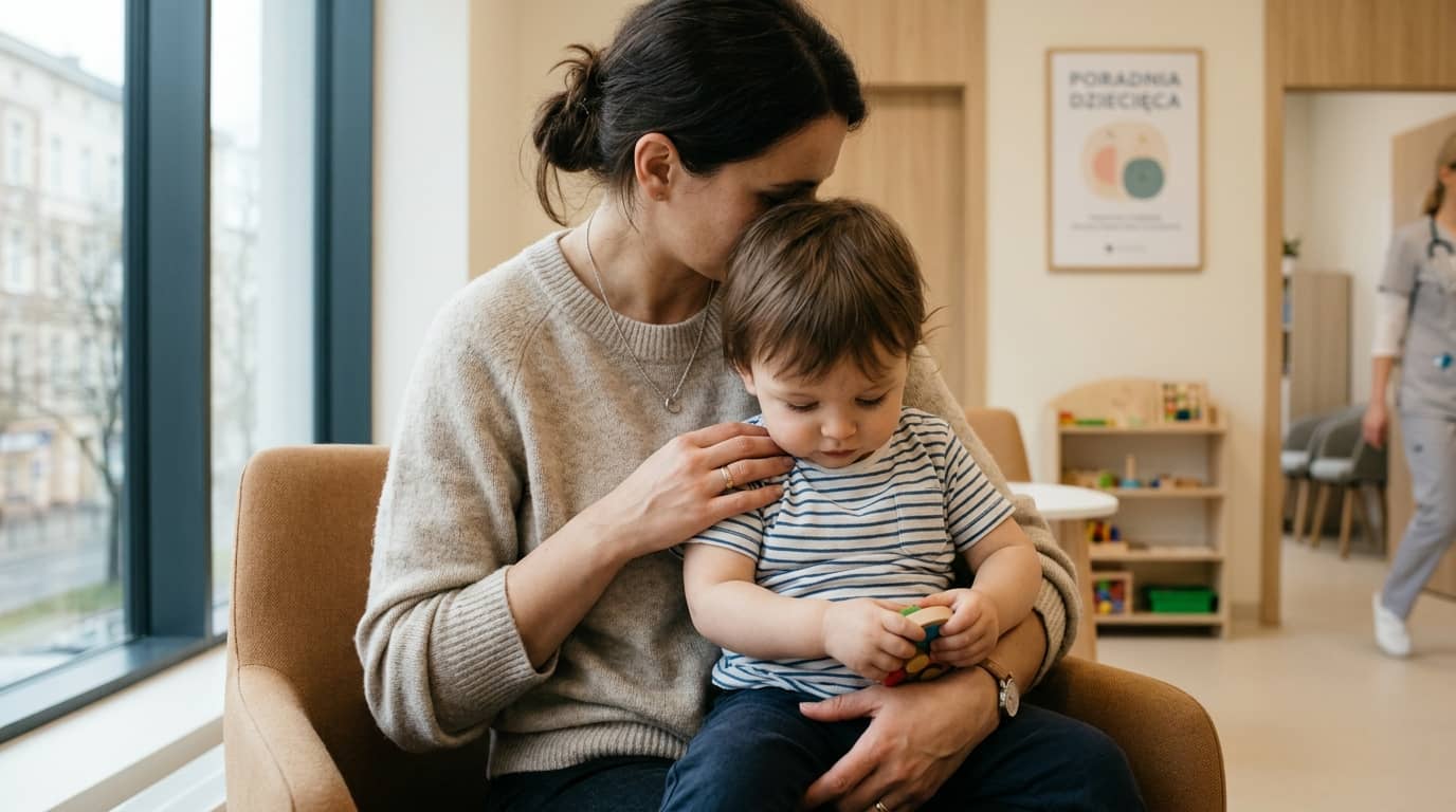 ** Przygotowanie dziecka do badania krwi – mama trzyma dziecko na kolanach w jasnym gabinecie