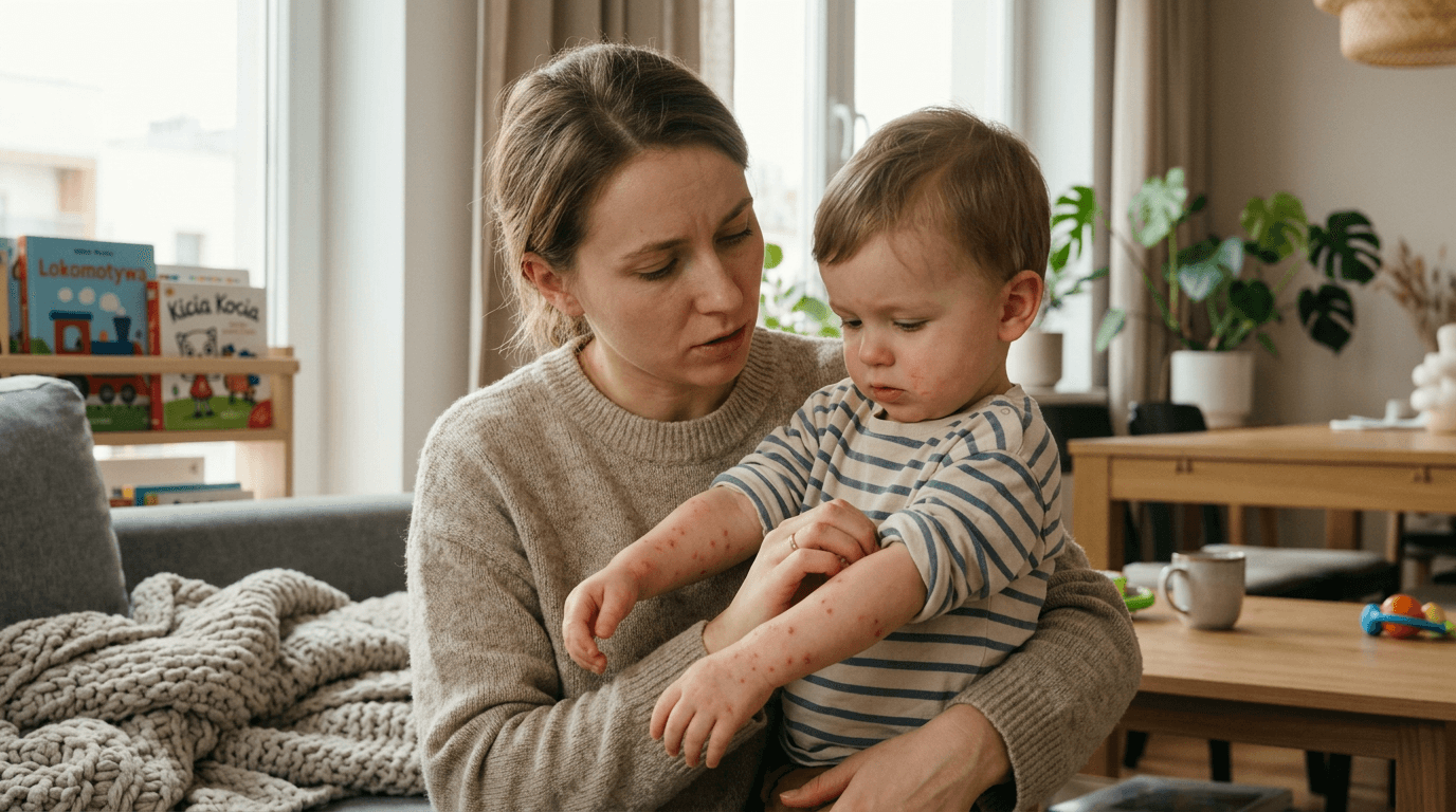 ** Sepsa u dziecka – matka sprawdzająca wysypkę na ramieniu małego dziecka