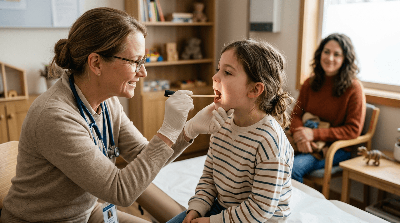 Szkarlatyna u dzieci — lekarz ogląda gardło dziecka podczas wizyty diagnostycznej