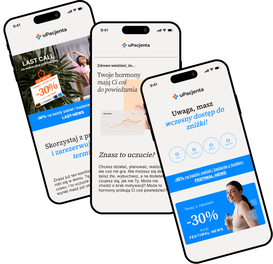 Podgląd newslettera uPacjenta na ekranach telefonów