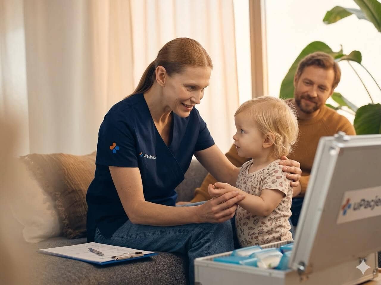Doświadczony medyk uPacjenta rozmawia z małym dzieckiem podczas domowej wizyty, obok tata i otwarta walizka ze sprzętem medycznym