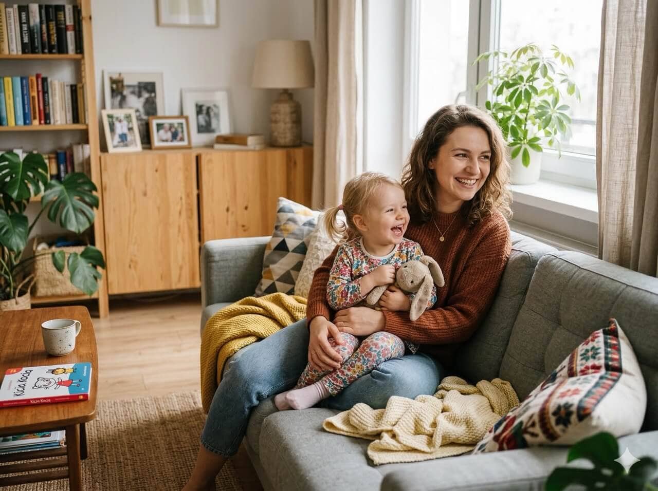 Mama z uśmiechniętym kilkuletnim dzieckiem na kanapie w domu