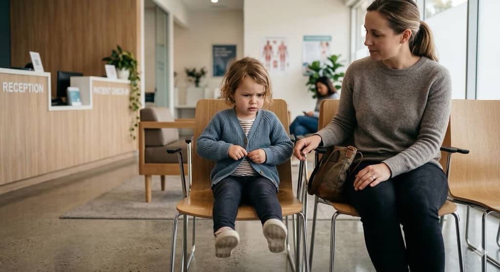 Zestresowane dziecko w poczekalni — pobranie krwi w domu eliminuje ten stres