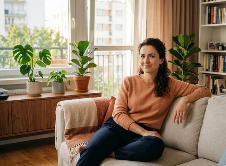 Zrelaksowana mama z kawą — chwila dla siebie