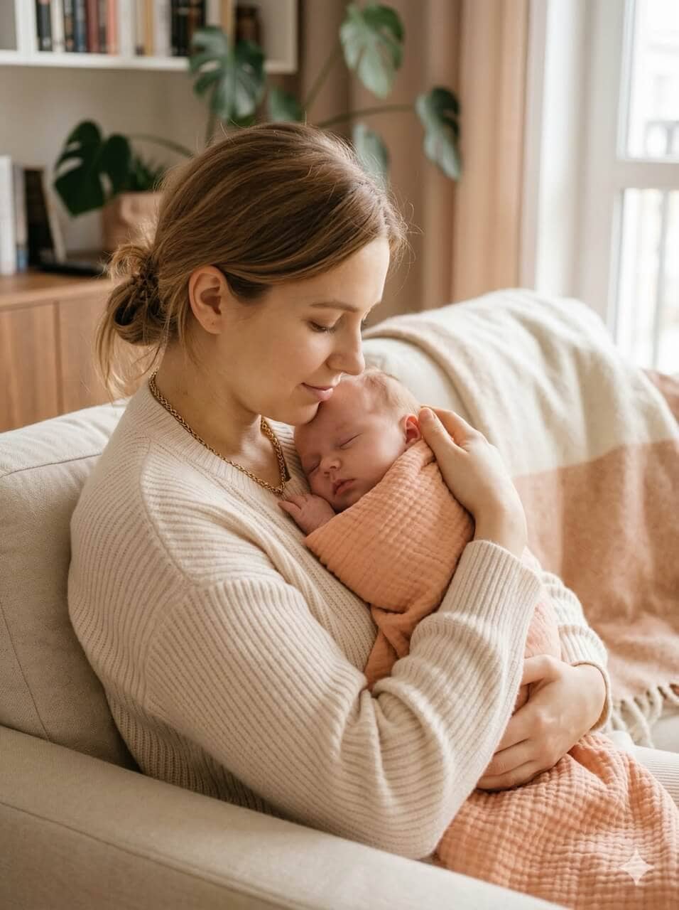 Mama czule przytula śpiące niemowlę owinięte w kocyk, siedząc w domowym salonie