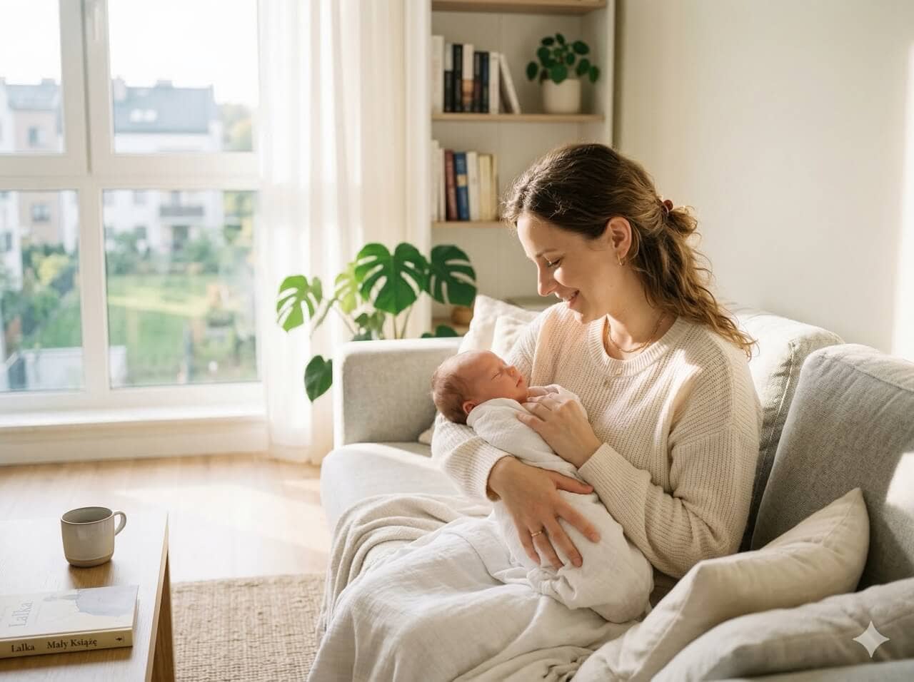 Mama trzyma noworodka na kanapie w jasnym salonie